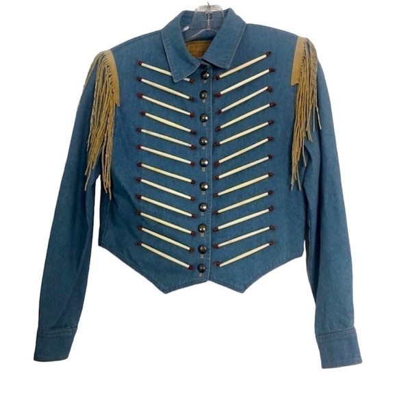 VINTAGE DOUBLE D RANCH BEADED WOMENS DENIM JACKET SUEDE FRINGE - Picture 1 of 16